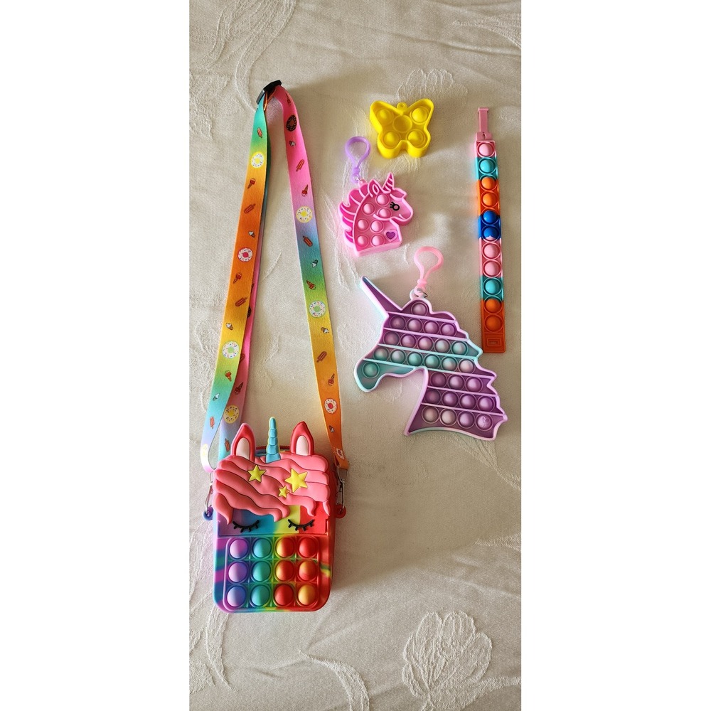 Unicorn Pop It Purse Set Kids OS Rainbow Fidget Bundle 5 pc EXC Bookbag Fob